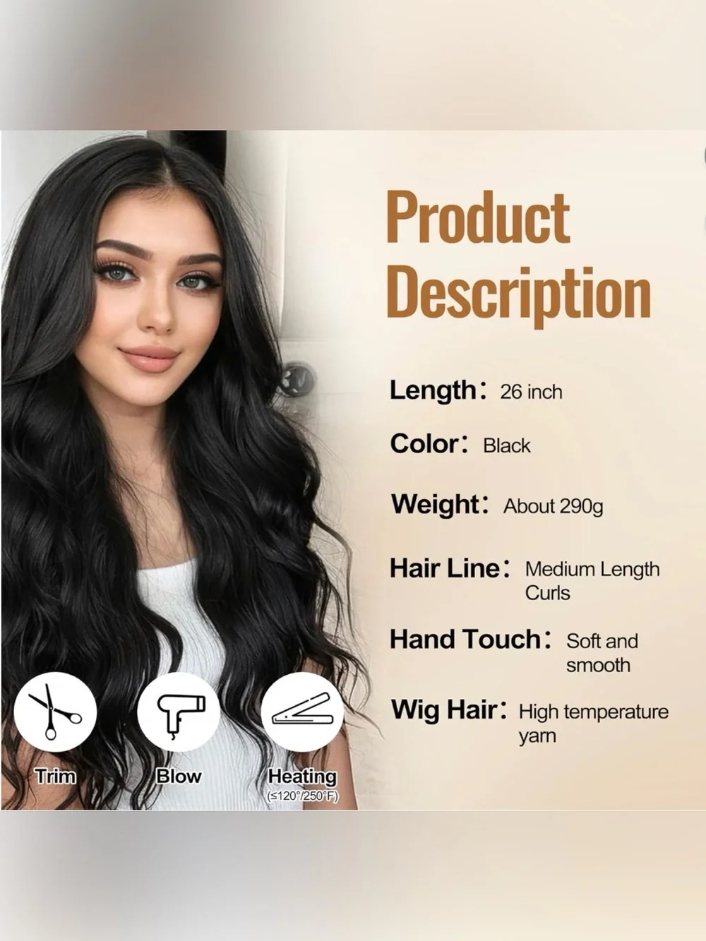 Synthetic 26” Black Wavy Lace Part Wig - Natural Shine #TC6